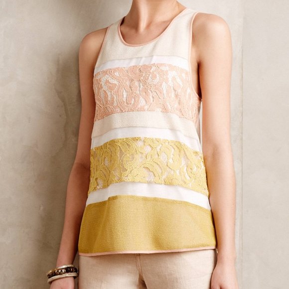 Sunday in Brooklyn Anthropologie pink yellow white striped Laced Knit tank - Picture 1 of 12